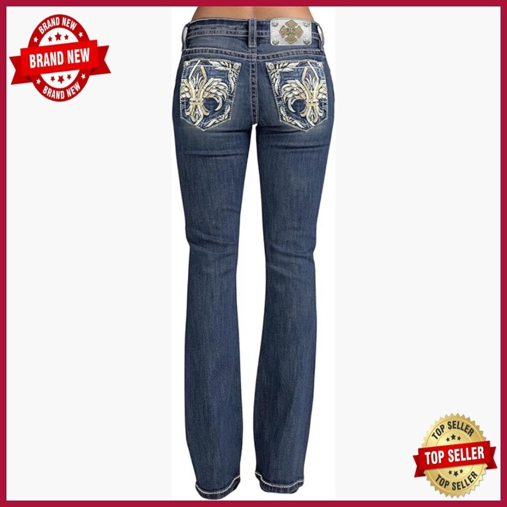 Mid-Rise Bootcut Jeans with Embellished Pockets, 30" Inseam, Cotton Blend